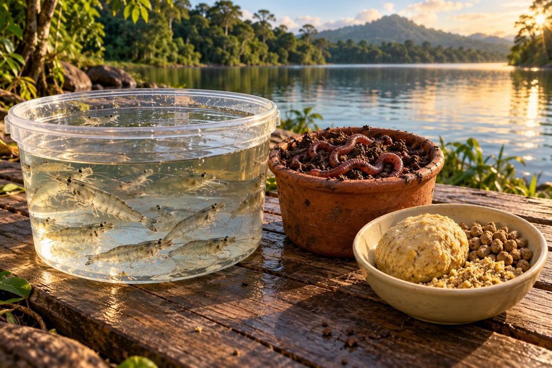 Camarão vivo, minhocas e massa de pesca na beira do açude