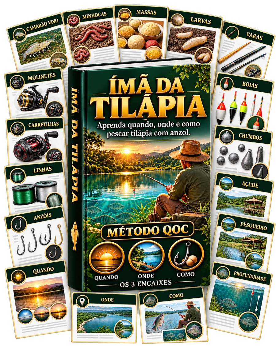 Mockup do guia Ímã da Tilápia com as fichas visuais de iscas, varas, boias e pontos de pesca